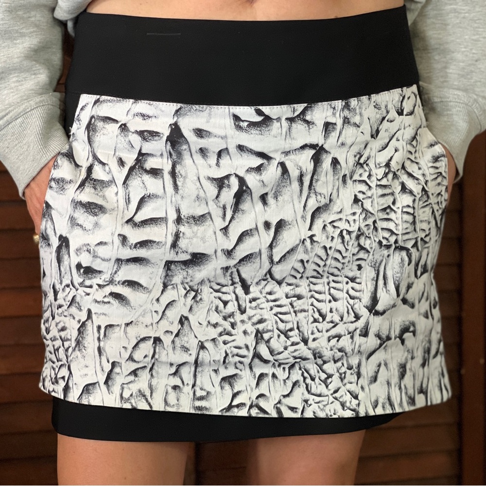 Helmut Lang Skirt Strata Print Pockets White Black Linen Blend Mini Women's 8